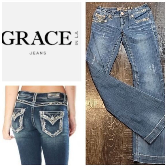 Grace in LA Denim - Grace in LA Vintage Mid-Rise Boot Leg Embroidered Blue Jeans